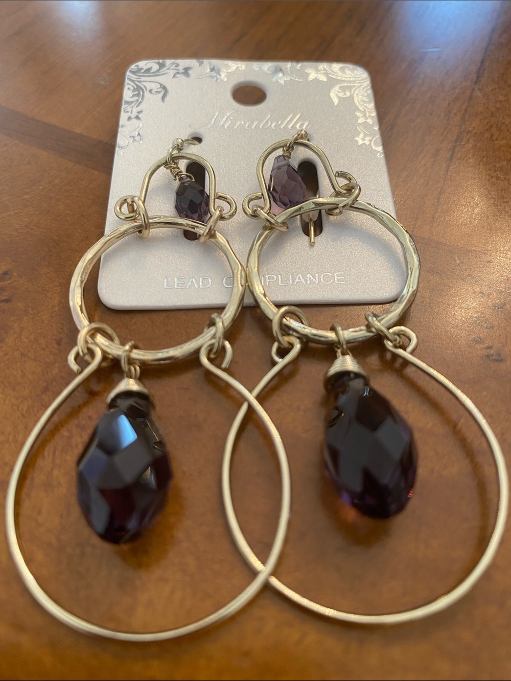 Mirabella Gold-Tone Double Hoop Earrings with Deep Purple Faceted Drops